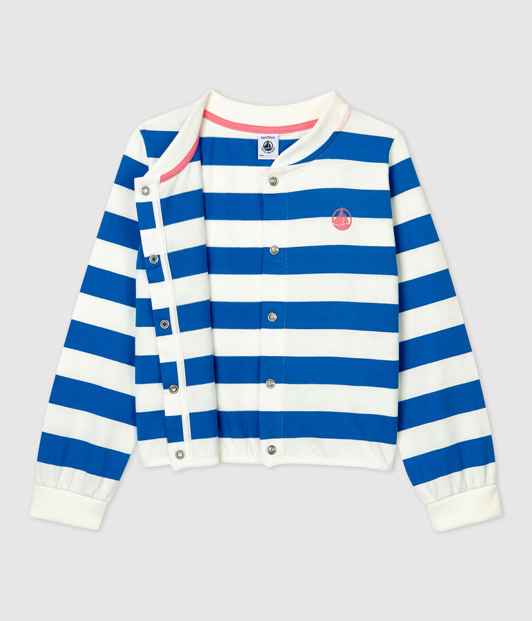 Cardigan bambina in cotone blu/bianco